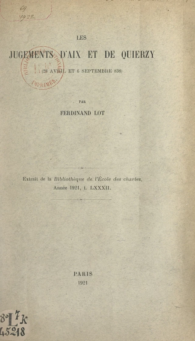 Les jugements d'Aix et de Quierzy (28 avril et 6 septembre 838) - Ferdinand Lot - FeniXX réédition numérique