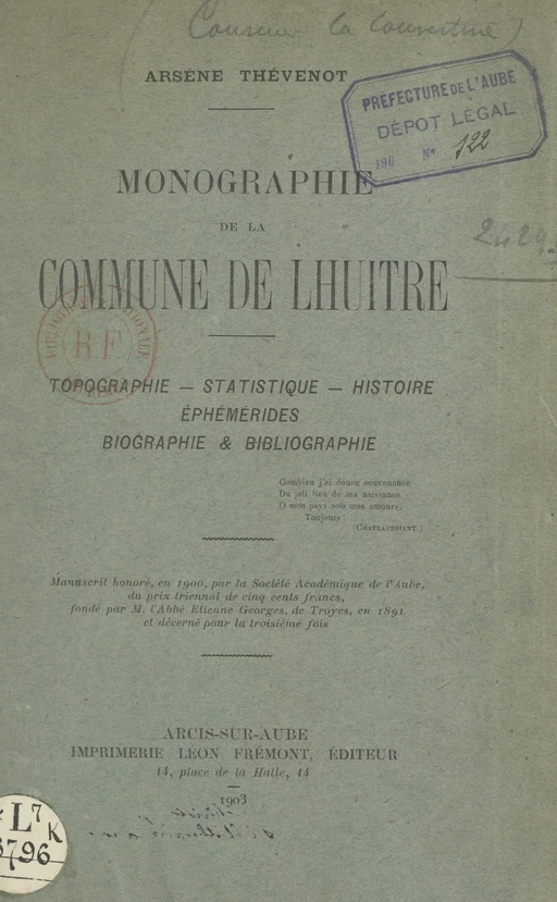 Monographie de la commune de Lhuître - Arsène Thévenot - FeniXX réédition numérique