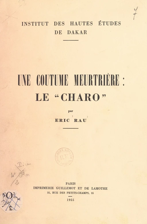 Une coutume meurtrière : le charo - E. Rau - FeniXX réédition numérique