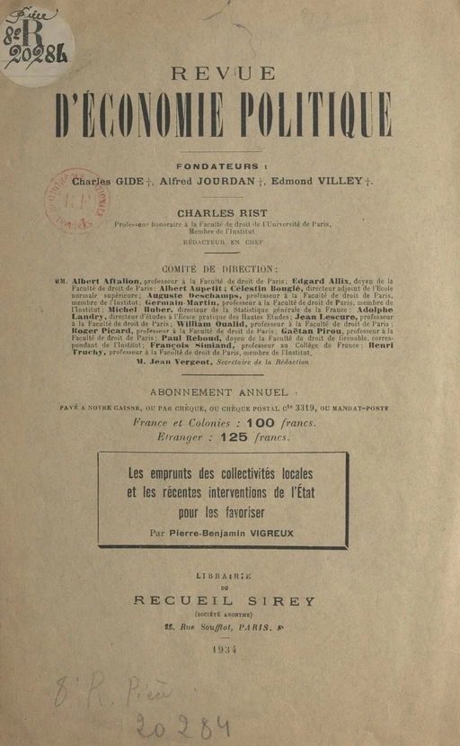 Les emprunts des collectivités locales et les récentes interventions de l'État pour les favoriser - Pierre Vigreux - FeniXX réédition numérique