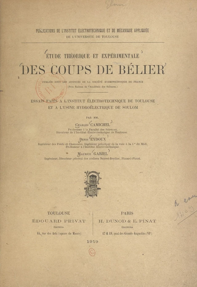 Étude théorique et expérimentale des coups de bélier - Charles Camichel, Denis Eydoux, Maurice Gariel - FeniXX réédition numérique