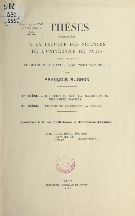 Recherches sur la ramification des ampélidacées - François Bugnon - FeniXX réédition numérique