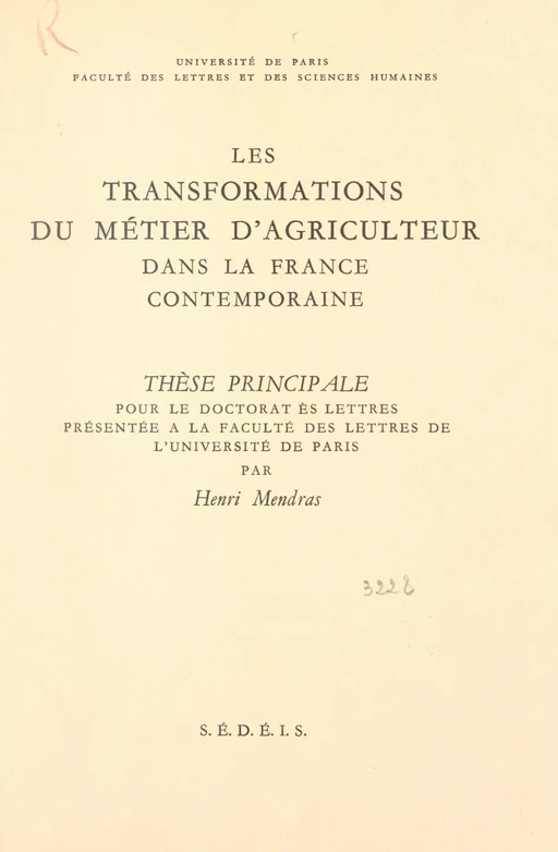 Les transformations du métier d'agriculteur dans la France contemporaine - Henri Mendras - FeniXX réédition numérique