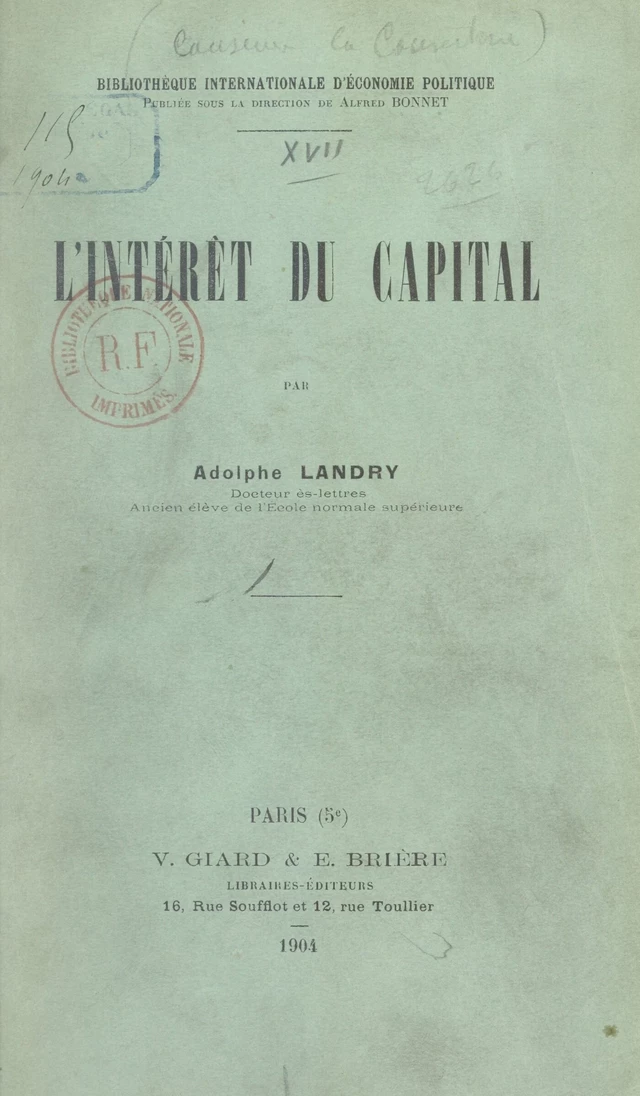 L'intérêt du capital - Adolphe Landry - FeniXX réédition numérique