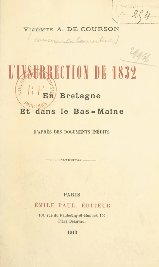 L'insurrection de 1832 en Bretagne et dans le Bas-Maine - Aurélien de Courson - FeniXX réédition numérique