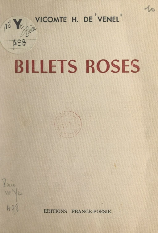 Billets roses - Henri de Venel - FeniXX réédition numérique