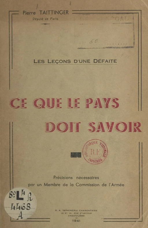 Les leçons d'une défaite, ce que le pays doit savoir - Pierre Taittinger - FeniXX réédition numérique