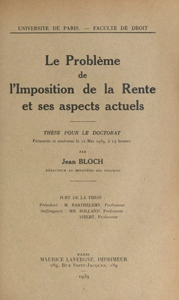 Le problème de l'imposition de la rente et ses aspects actuels