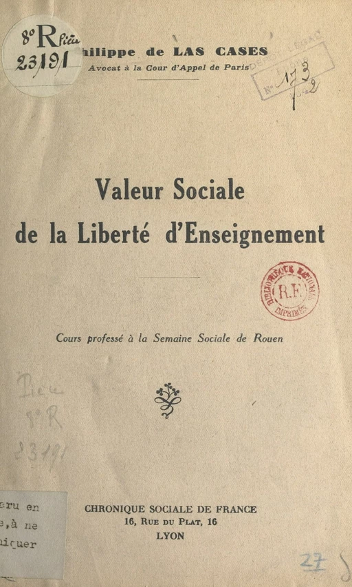 Valeur sociale de la liberté d'enseignement - Philippe de Las Cases - FeniXX réédition numérique