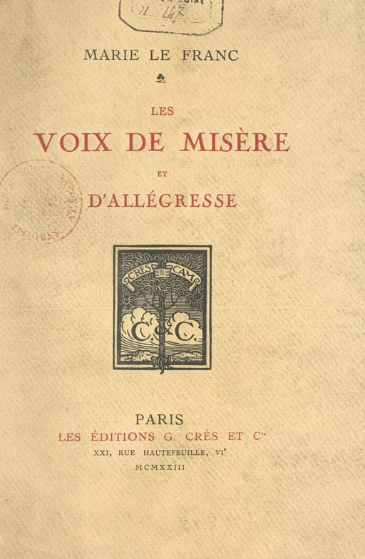 Les voix de misère et d'allégresse - Marie Le Franc - FeniXX réédition numérique