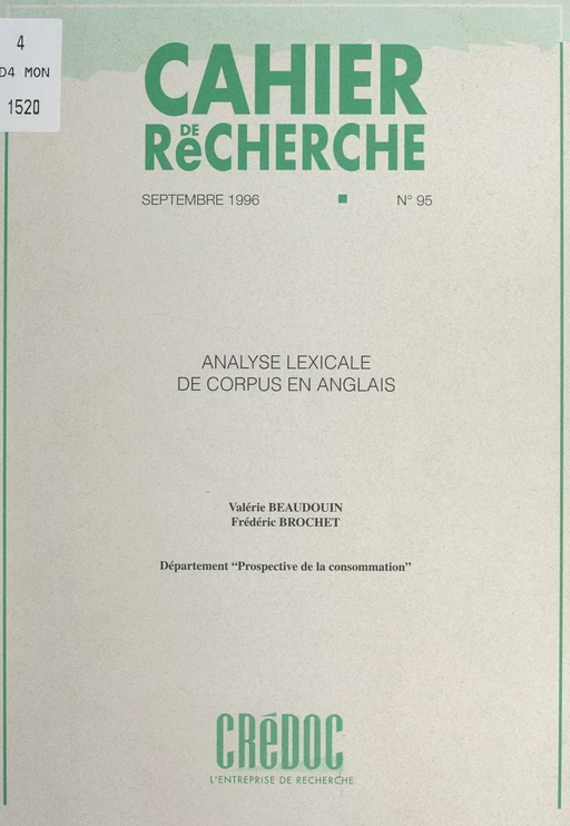 Analyse lexicale de corpus en anglais - Valérie Beaudouin, Frédéric Brochet, Claire Evans, Ségolène Even, Chantal Renault - FeniXX réédition numérique