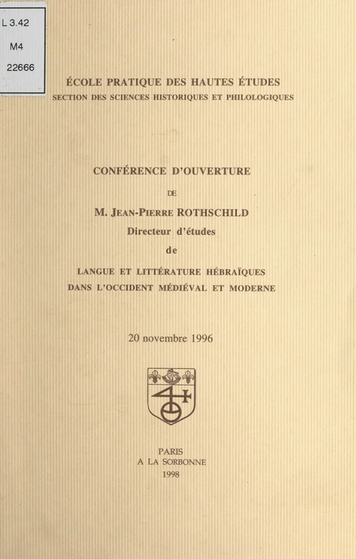 Conférence d'ouverture de M. Jean-Pierre Rothschild - Claude Hagège, Jean-Pierre Rothschild, Colette Sirat - FeniXX réédition numérique