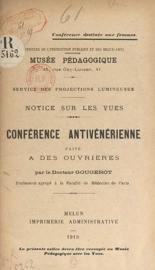 Conférence antivénérienne faite à des ouvrières - Henri Gougerot - FeniXX réédition numérique