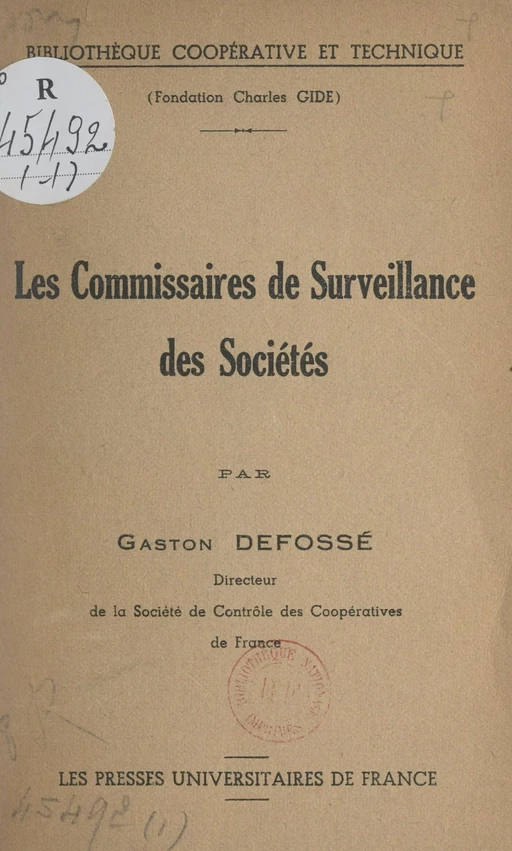 Les commissaires de surveillance des sociétés - Gaston Défossé - FeniXX réédition numérique