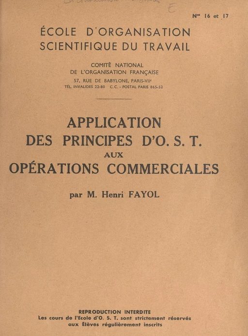 Application des principes d'O.S.T. aux opérations commerciales - Henri Fayol - FeniXX réédition numérique