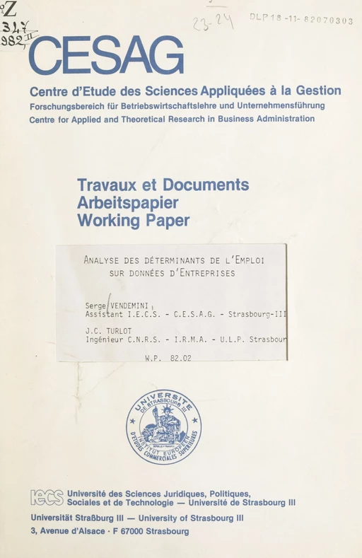 Analyse des déterminants de l'emploi sur données d'entreprises - Jean-Christophe Turlot, Serge Vendemini - FeniXX réédition numérique