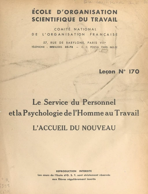 Le service du personnel et la psychologie de l'homme au travail - Robert Sallou - FeniXX réédition numérique