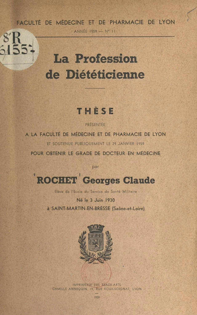 La profession de diététicienne - Georges-Claude Rochet - FeniXX réédition numérique