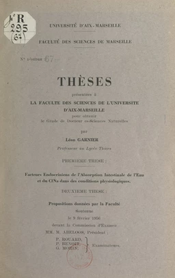 Facteurs endocriniens de l'absorption intestinale de l'eau et du ClNa dans les conditions physiologiques