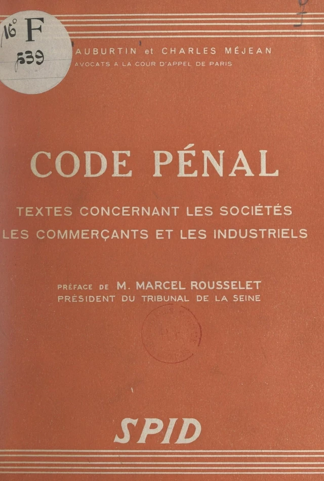 Code pénal - Jean Auburtin, Charles Méjean - FeniXX réédition numérique