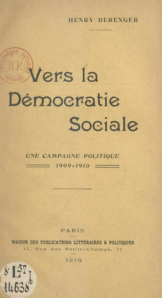 Vers la démocratie sociale - Henry Bérenger - FeniXX réédition numérique