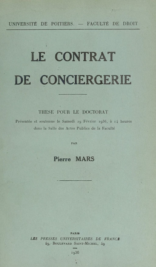 Le contrat de conciergerie - Pierre Mars - FeniXX réédition numérique