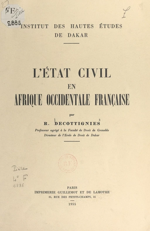 L'état civil en Afrique occidentale française - R. Decottignies - FeniXX réédition numérique