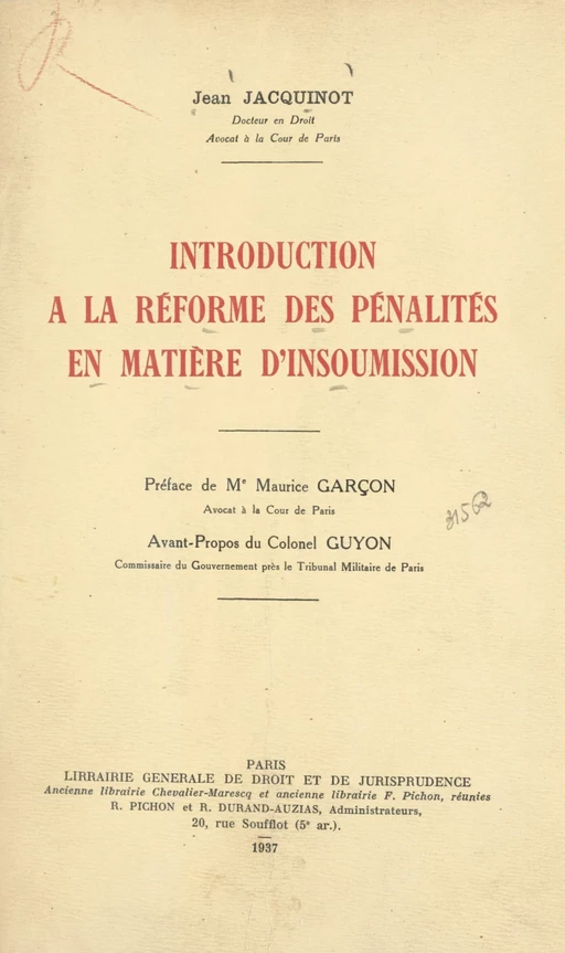 Introduction à la réforme des pénalités en matière d'insoumission - Jean Jacquinot - FeniXX réédition numérique