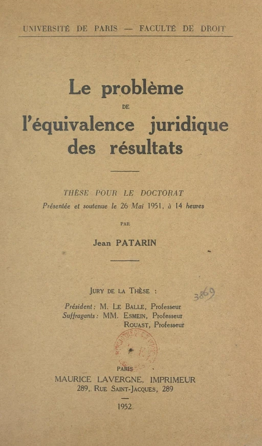 Le problème de l'équivalence juridique des résultats - Jean Patarin - FeniXX réédition numérique