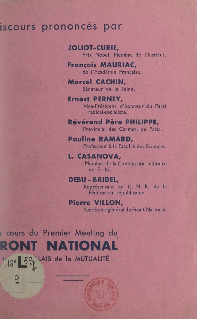 Le Front national de lutte pour la libération et l'indépendance de la France, expression de l'unanimité française, parle au peuple - Marcel Cachin,  Collectif, Frédéric Joliot-Curie, François Mauriac, Ernest Perney - FeniXX réédition numérique