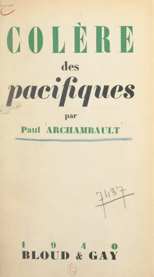 Colère des pacifiques - Paul Archambault - FeniXX réédition numérique