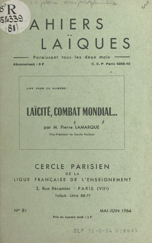 Laïcité, combat mondial... - Pierre Lamarque - FeniXX réédition numérique