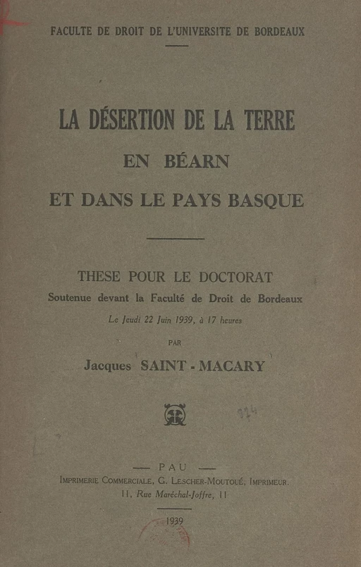 La désertion de la terre en Béarn et dans le Pays basque - Jacques Saint-Macary - FeniXX réédition numérique