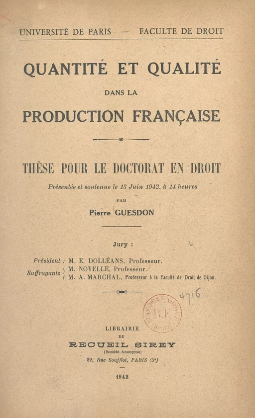 Quantité et qualité dans la production française - Pierre Guesdon - FeniXX réédition numérique