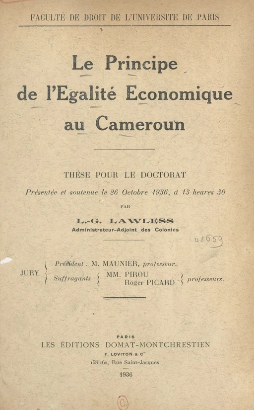 Le principe de l'égalité économique au Cameroun - L.-G. Lawless - FeniXX réédition numérique