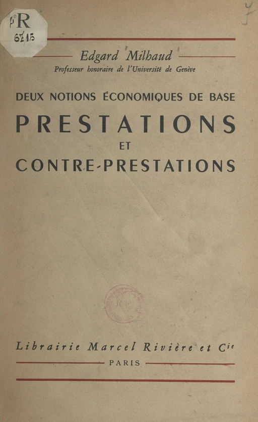 Prestations et contre-prestations - Edgard Milhaud - FeniXX réédition numérique