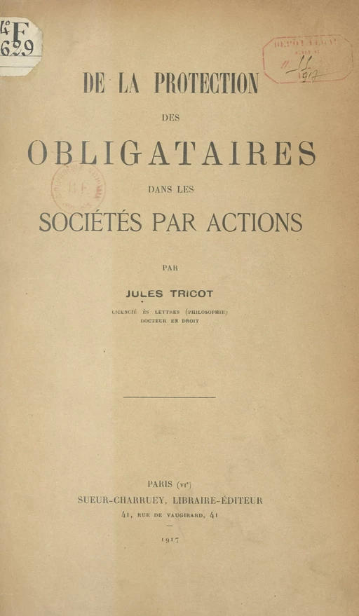 De la protection des obligataires dans les sociétés par actions - Jules Tricot - FeniXX réédition numérique