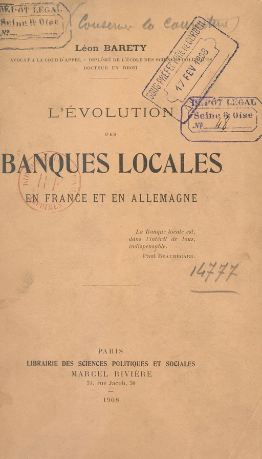 L'évolution des banques locales en France et en Allemagne - Léon Baréty - FeniXX réédition numérique