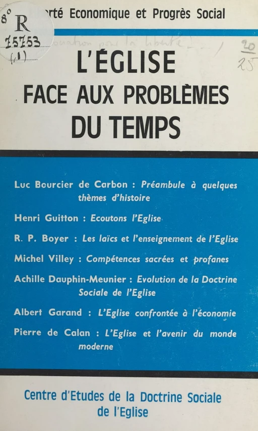 L'Église face aux problèmes du temps -  Association pour la liberté économique et le progrès social,  Collectif - FeniXX réédition numérique