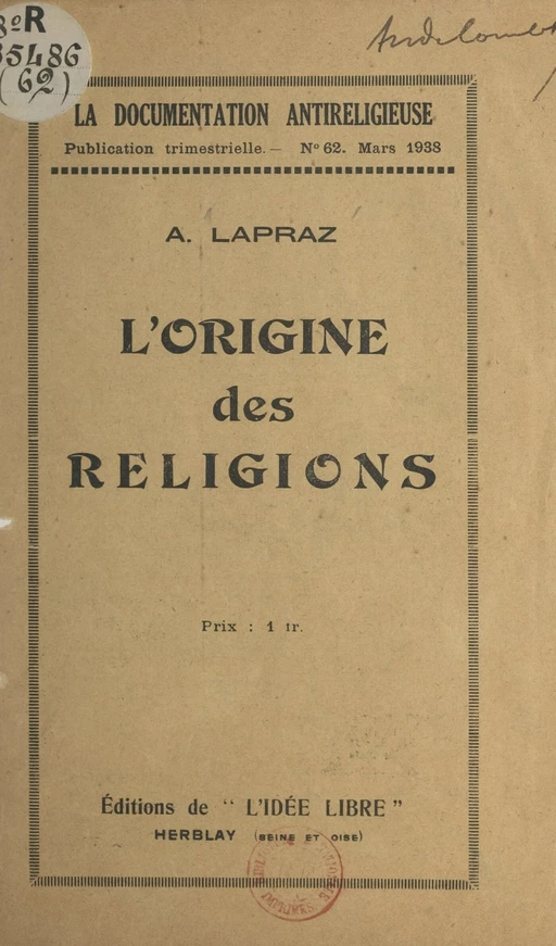 L'origine des religions - Albert Lapraz - FeniXX réédition numérique