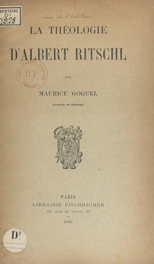 La théologie d'Albert Ritschl - Maurice Goguel - FeniXX réédition numérique