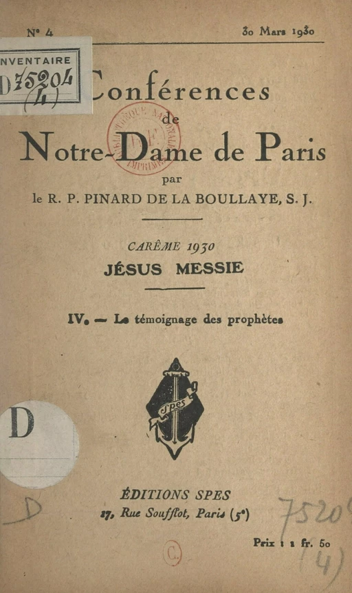 Carême 1930, Jésus Messie (4). Le témoignage des prophètes - Henry Pinard de La Boullaye - FeniXX réédition numérique