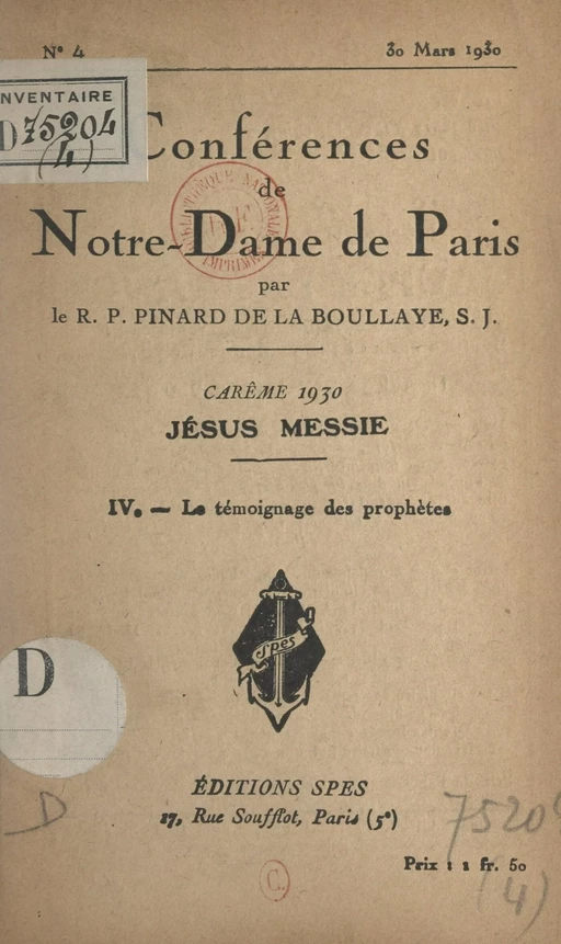 Carême 1930, Jésus Messie (4). Le témoignage des prophètes - Henry Pinard - FeniXX réédition numérique