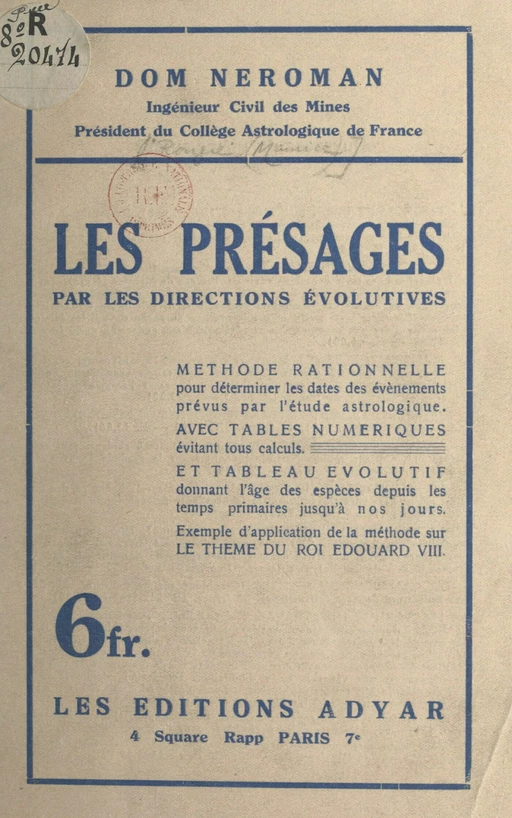 Les présages par les directions évolutives -  Dom Neroman - FeniXX réédition numérique