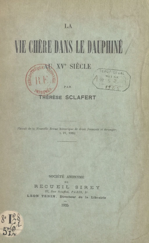 La vie chère dans le Dauphiné au XVe siècle - Thérèse Sclafert - FeniXX réédition numérique