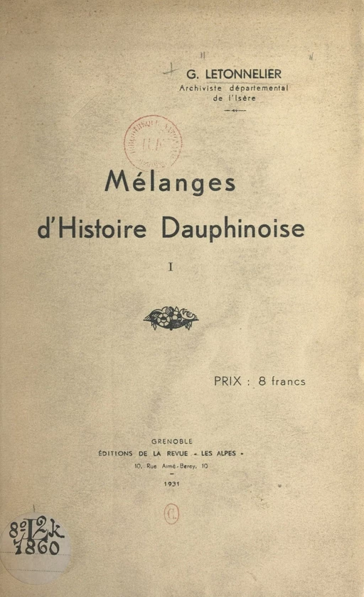 Mélanges d'Histoire dauphinoise (1) - Gaston Letonnelier - FeniXX réédition numérique