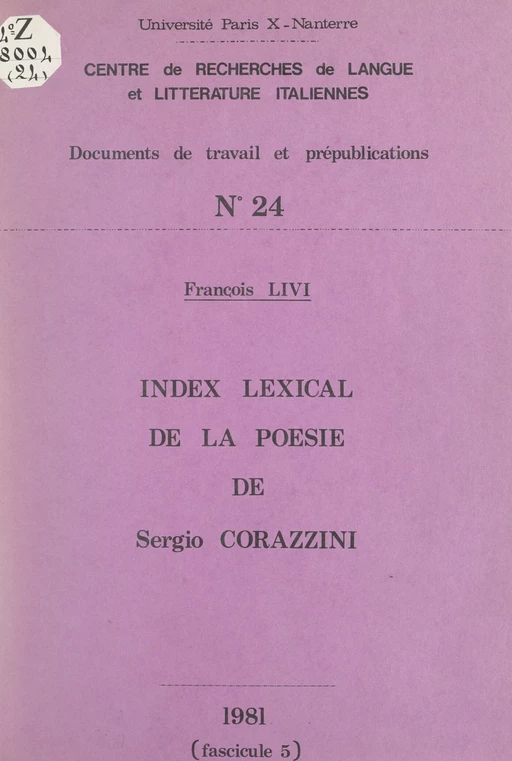 Index lexical de la poésie de Sergio Corazzini, 1886-1907 - François Livi - FeniXX réédition numérique