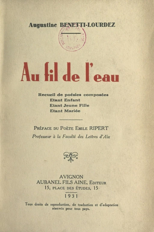 Au fil de l'eau - Augustine Benetti-Lourdez - FeniXX réédition numérique