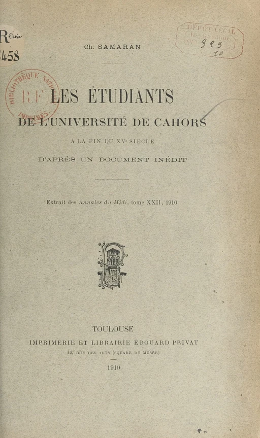 Les étudiants de l'Université de Cahors à la fin du XVe siècle - Charles Samaran - FeniXX réédition numérique