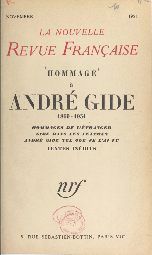 Hommage à André Gide, 1869-1951 -  Collectif - FeniXX réédition numérique